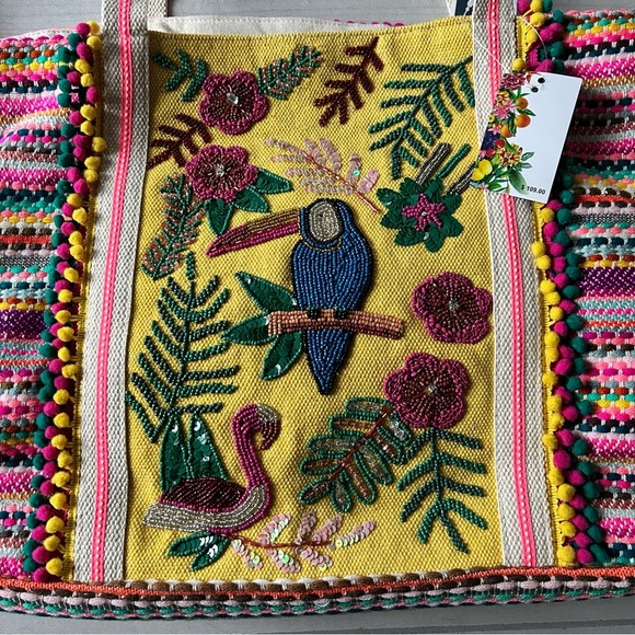 NWT America and Beyond Flamingo Bird Toucan Beaded Pom Embroidered Beach Tote - Picture 6 of 9